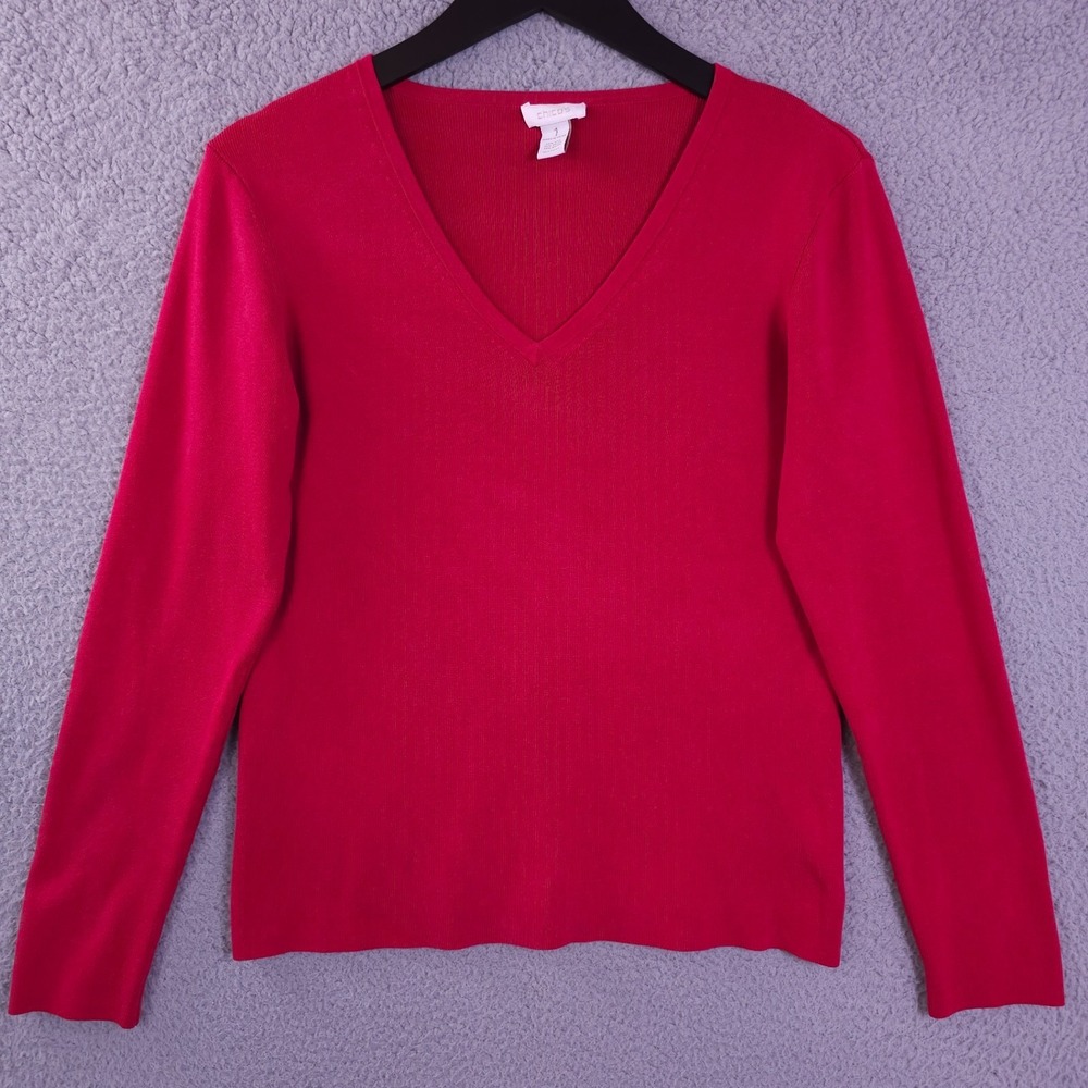 Chicos Sweater Womens 1 US Medium Red Ribbed Knit Silk Blend Pullover Top FLAW